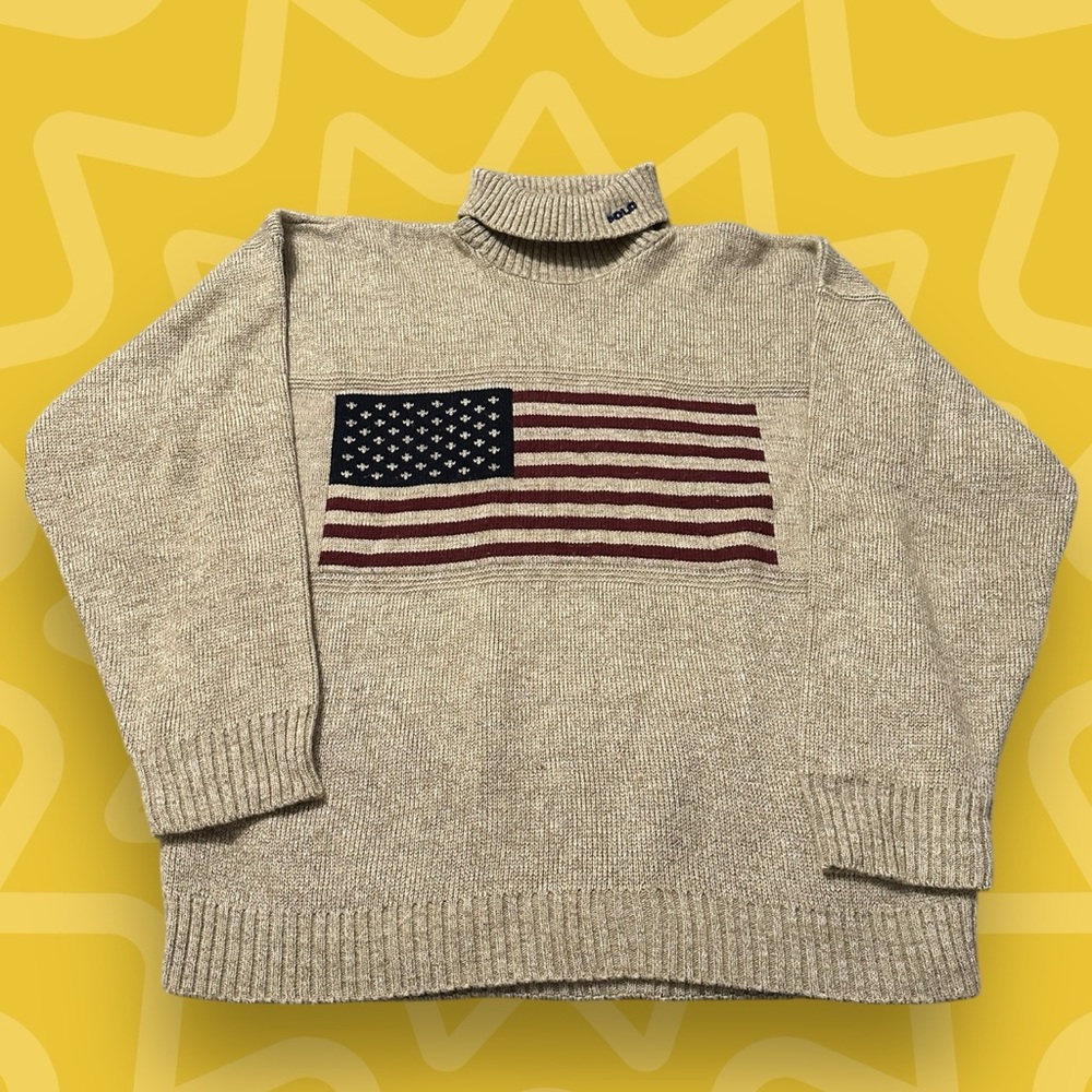 RARE Vintage 90s Polo Jeans Co.Ralph Lauren Turtleneck w/ American flag, Size XL